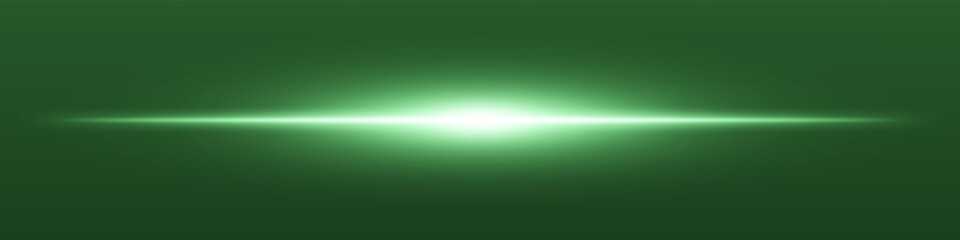 Green light beam. Sharp linear glow on dark blue background with radiant core, soft edge and tech-style brightness. Ideal for sci-fi, speed, energy, light source.