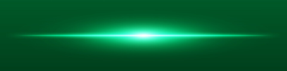 Green light beam. Sharp linear glow on dark blue background with radiant core, soft edge and tech-style brightness. Ideal for sci-fi, speed, energy, light source.