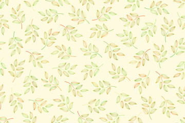 Abstract seamless pattern design of stylized leaves in green, orange and yellow outlines on a soft yellow background, used for background, textiles, wrapping paper and other decorative purposes.