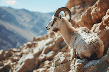 Close-up mountain goat on rocky surface under bright sunlight. Ideal for wildlife documentaries, nature magazines or travel blogs about mountain adventures.