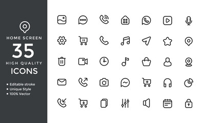 Home Screen Line Icons – Mobile App UI Vector Set with Call, Message, Shopping & Media Symbols