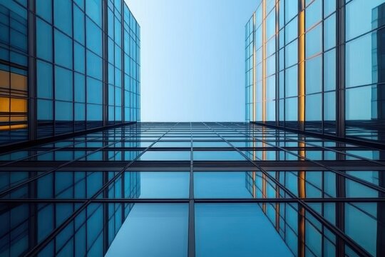 Looking up at two modern glass skyscrapers with reflective blue windows and warm sunlight reflections creating a calm and futuristic atmosphere