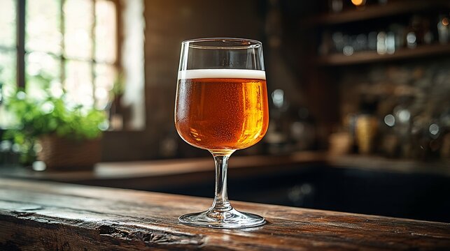 Umeshu glass a rustic wooden bar counter wide shot capturing the rich amber color of the drink against the cozy rustic ambiance of the bar soft warm lighting to enhance the drink's smooth texture