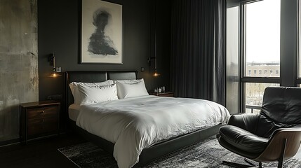 Charcoal Blackout Panel Curtain in a masculine suite with black leather armchair and iron-framed bed Neo-Brutalist Dark Mood Bedrooms Masculine Blackout Interior Sanctuaries