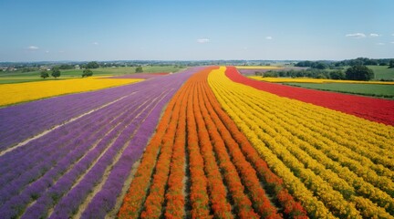 Striped flower fields with poppies and lavender in full bloom