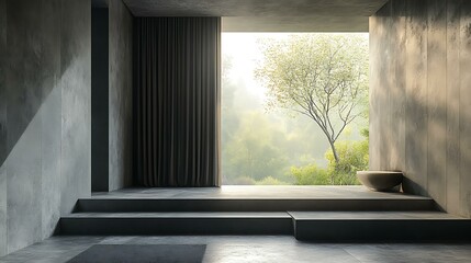 Fototapeta premium Charcoal Blackout Panel Curtain softening the hard angles of brutal textures and stone floor patterns Neo-Brutalist Dark Mood Bedrooms Masculine Blackout Interior Sanctuaries