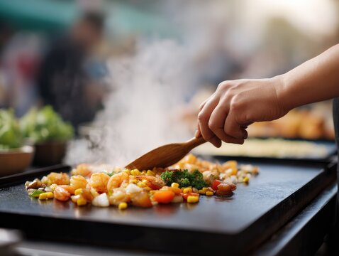 Colorful shrimp vegetables and rice sizzling on Blackstone street food griddle scene , Selective Focus