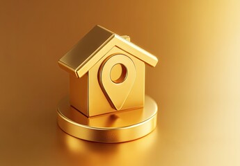 Golden house icon with location pin, 3D render