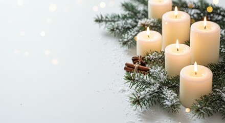 Festive Christmas Scene with Burning Candles Pine Branches and Snow