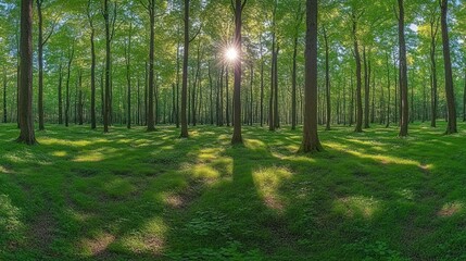Obraz premium Sunlight filters through a dense forest. Lush green trees, bright sunlight, and shadows on the forest floor create a tranquil scene