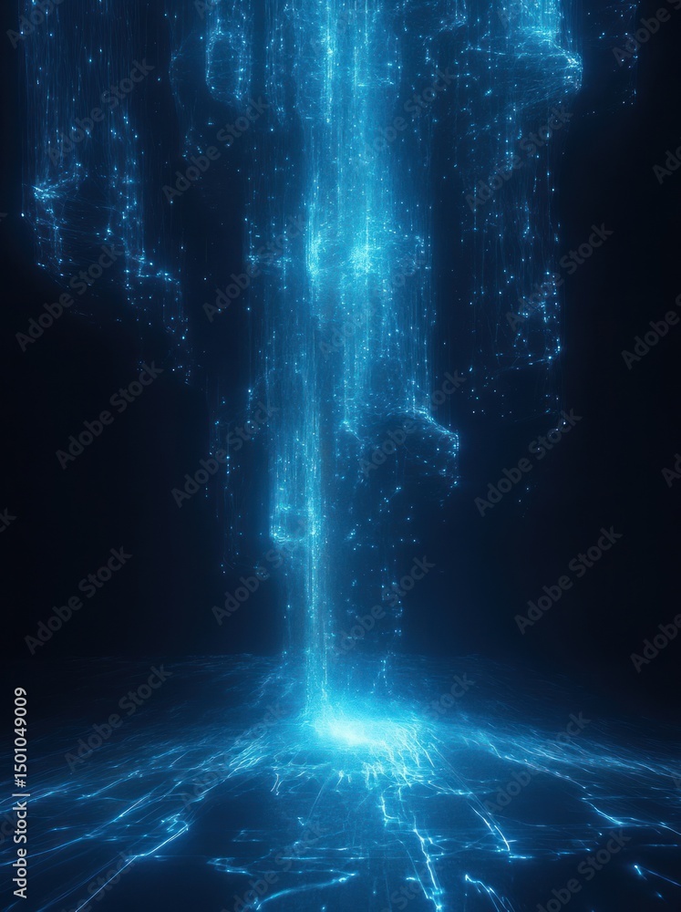 Poster glowing cascading streams of digital light particles forming a futuristic waterfall effect in a dark