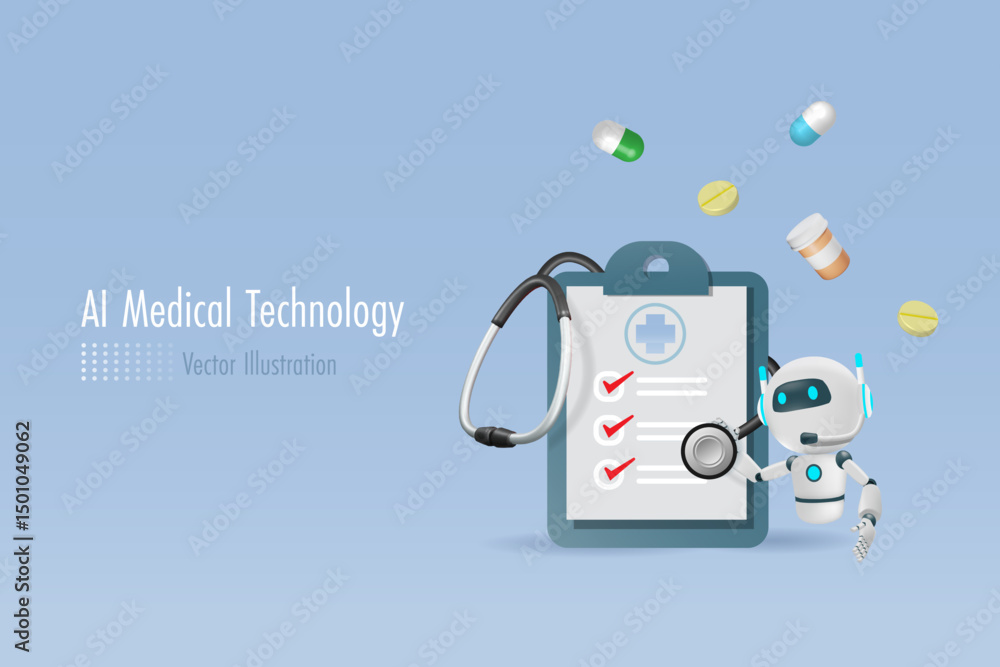 Poster ai robot with medical check list board. artificial intelligence innovation technology for diagnosis,