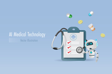 AI robot with medical check list board. Artificial intelligence innovation technology for diagnosis, care, and increasing accuracy patient treatment. Medical technology.