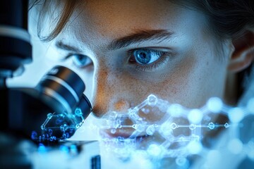 Focused young scientist with blue eyes closely examining samples under a microscope with a glowing molecular structure overlay highlighting scientific research