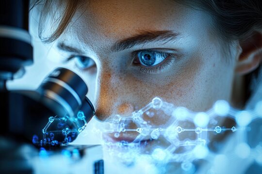 Focused young scientist with blue eyes closely examining samples under a microscope with a glowing molecular structure overlay highlighting scientific research