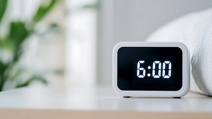 Digital clock displaying 6:00 on a table, suggesting early wake-up. Soft focus background with plant and pillow creating a calming ambiance.