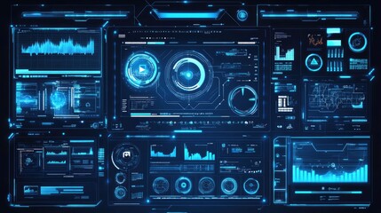 Obraz premium Futuristic digital dashboard with glowing blue interfaces displaying various data visualizations, charts, and graphs