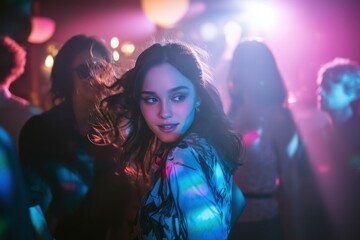 Beautiful young woman dancing in a night club, in very low light, with countre-jour lights contouring her body.