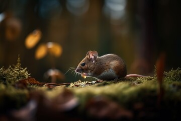 Charming forest mouse in tranquil autumn setting with delicate textures of moss and warm natural light. Ideal for ecological presentations, wildlife websites, cozy seasonal publications