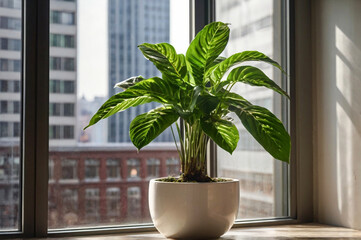 Lush green plant in white pot windowsill city view