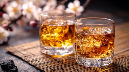 Two glasses of Umeshu a tatami mat with plum blossoms in the background warm golden hour light streaming from the side shallow depth of field blurring the background to focus on the glasses