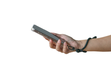 Woman holding a phone with a wrist strap. Close up view. Isolated on transparent background.