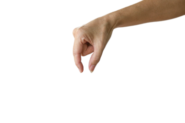 Female hand form a gesture of picking up something invisible. Isolated on transparent background.