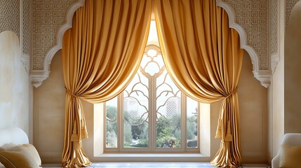 Golden Beige Silk Wave Curtain set against a Moroccan-inspired backdrop with arched stucco features Soft Luxe Contemporary Interiors Golden Neutral Harmony Spaces