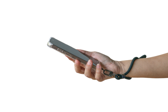 Woman holding a phone with a wrist strap. Close up view. Isolated on transparent background.