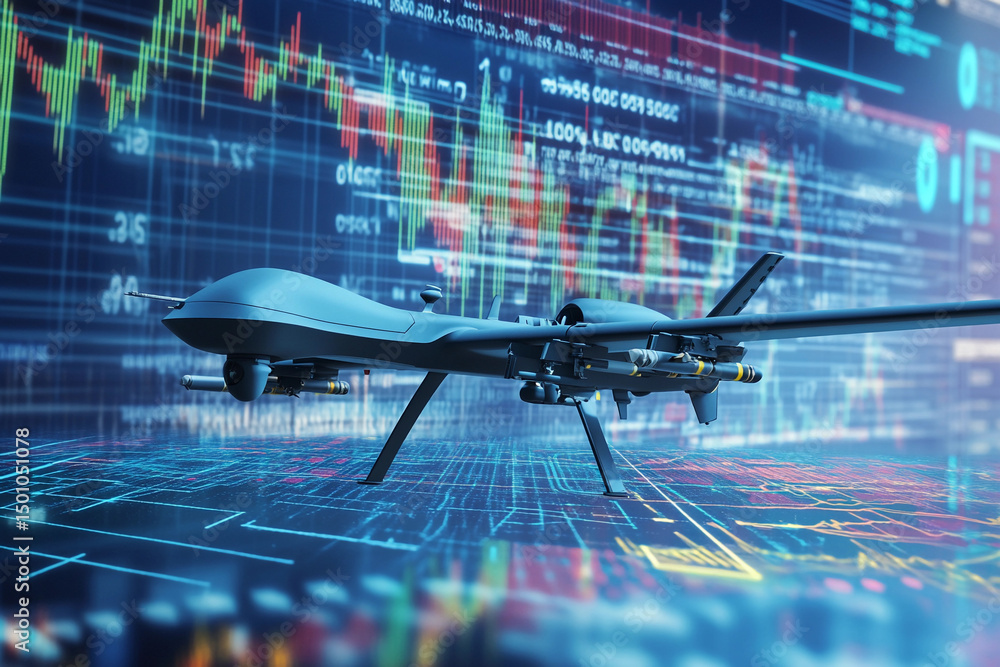 Poster military drone technology showcased with digital data backdrop generative ai