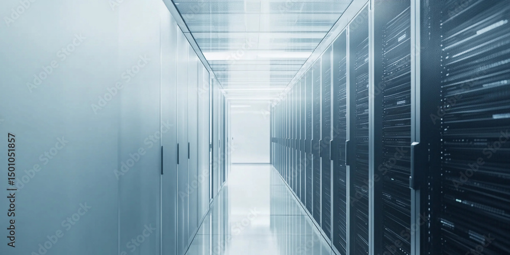 Aufkleber Long view of a cool server room with rows of storage Generative AI