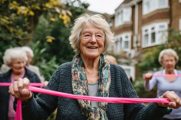 Black senior practicing with power band on exercise class outdoors at residential care home. High quality