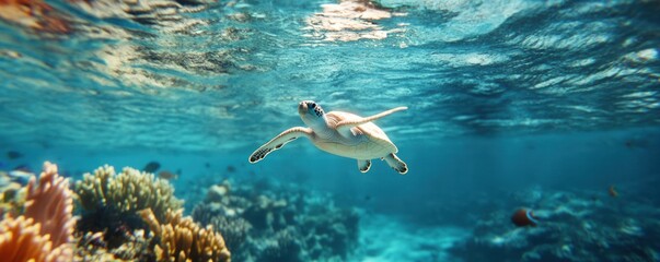 Obraz premium Sea turtle swimming freely in clear turquoise ocean water near vibrant coral reef