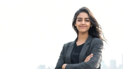 Confident Businesswoman: A young businesswoman with dark hair and a confident smile stands with her arms crossed against a blurred city backdrop.