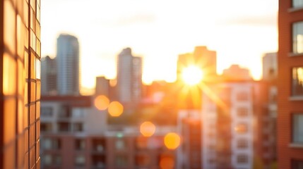 Cityscape at sunset with golden light and soft blur for urban living and travel background