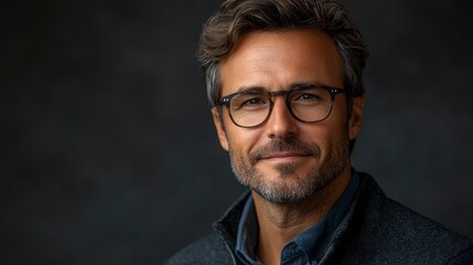 Obraz premium Portrait of a man with glasses smiling against a blurry, dark backdrop