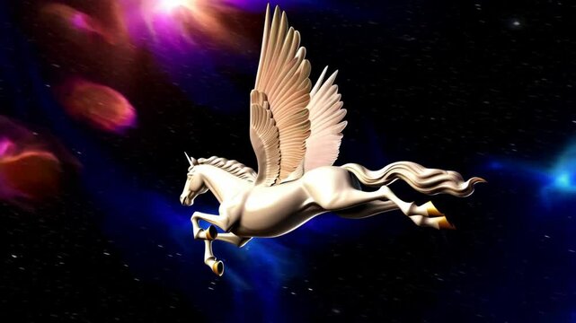 Stylized white winged unicorn flying through colorful nebulae in outer space illustration. Fantasy creature illustration with golden hooves.