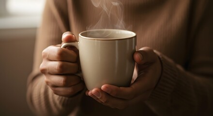 Warm cup of steaming beverage held in hands, showcasing cozy atmosphere with soft lighting, inviting comfort and relaxation in a tranquil indoor setting
