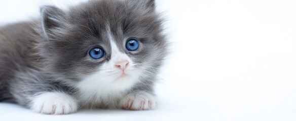 The adorable fluffy kitten with bright blue eyes lying on a soft surface.