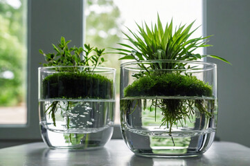 Two glass vessels with aquatic plants and moss