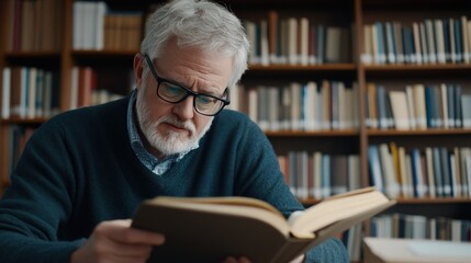 Mature man reading book in library setting academic pursuit