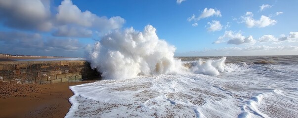 Crashing wave against seawall under sunny sky coastal scene