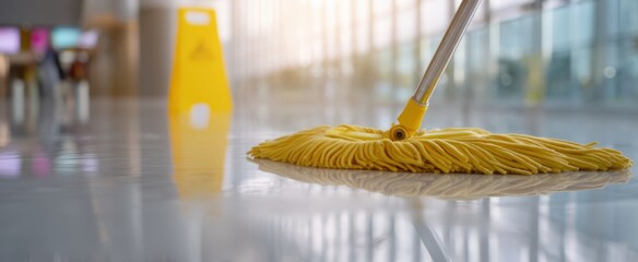 The yellow mop cleaning a shiny floor in a busy indoor environment.