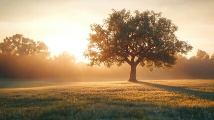 Obraz premium Sunrise over a solitary tree in a meadow