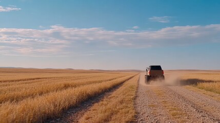 Vehicle driving on a dirt road through a wheat field on a sunny day landscape