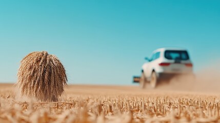 Golden wheat field agriculture with vehicle harvesting under blue sky