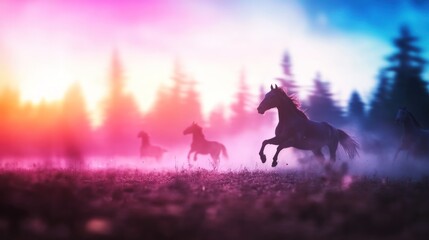 Horses galloping in a field at sunset colorful silhouette nature scene