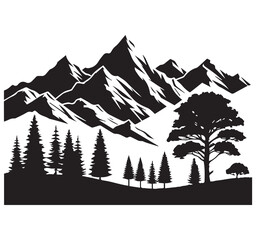 Mountain Landscape Silhouette Vector: Majestic Peaks, Pine Trees, Forest Scene, Outdoor Nature Graphic Design Element