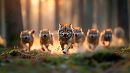Wolf pack running through forest wildlife scene