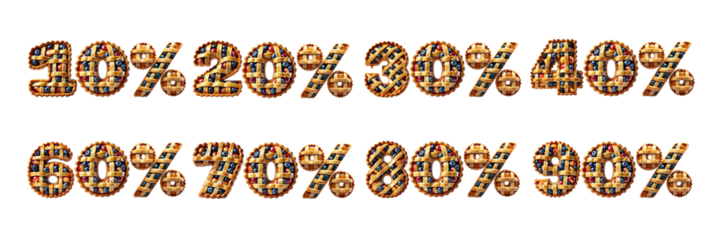 Creative food typography using pie designs shaped as discount percentages 10% to 90% : Numbers 10%, 20%, 30%, 40%, 50%, 60%, 70%, 80%, and 90% made from fruit-filled lattice pies